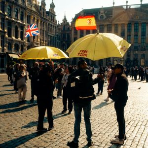Tourists gather under yellow umbrellas for a free tour at Brussels' historic square.